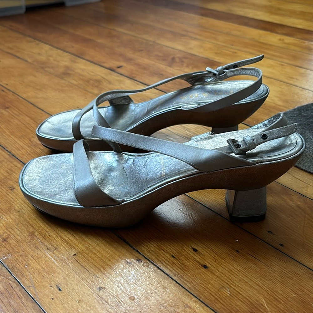 Metallic silver Prada heeled slingback sandals